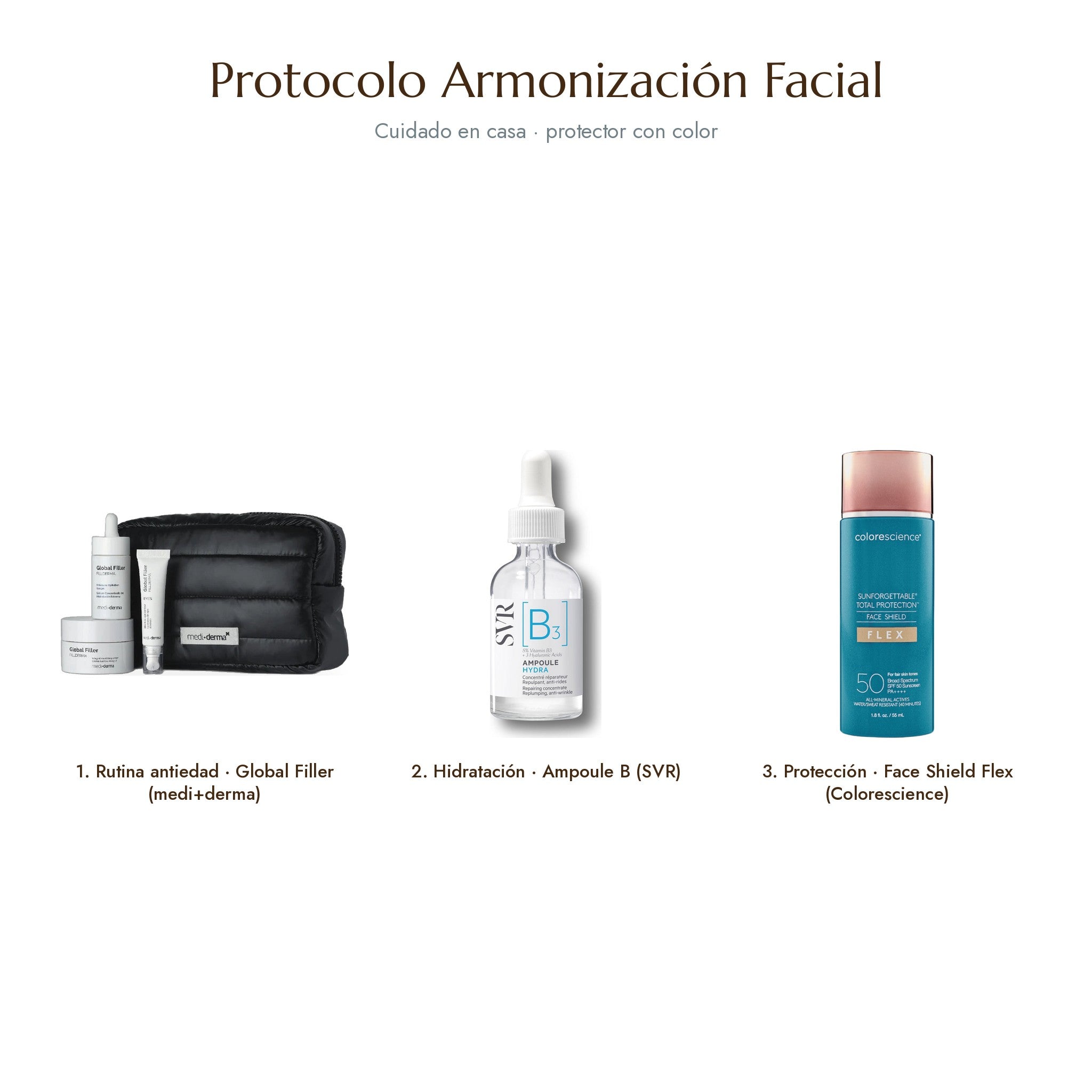 Protocolo Armonización Facial, cuidado en casa con Global Filler y protector sin color