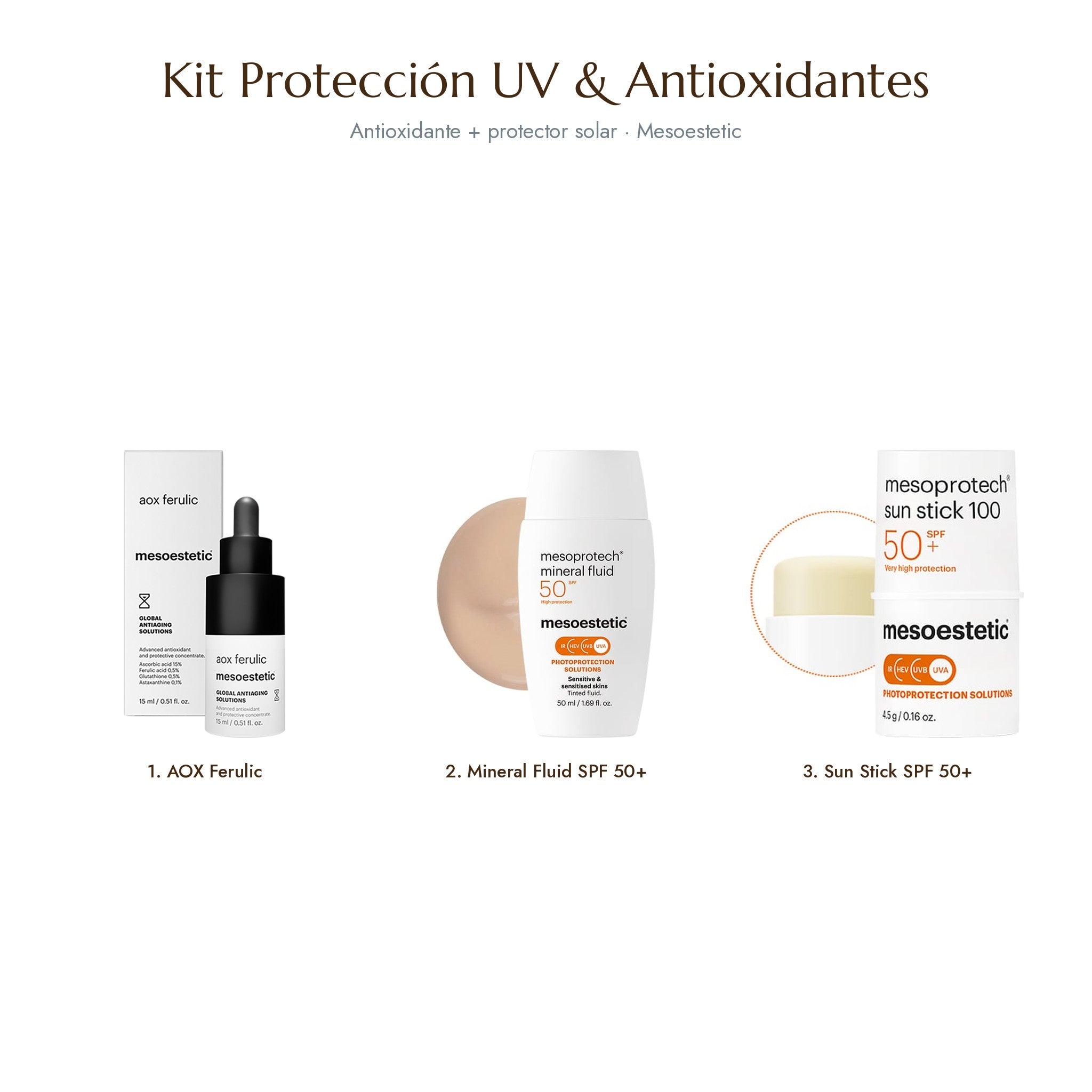 Kit Protección UV & Antioxidantes · Mesoestetic AOX Ferulic, Mineral Fluid y Sun Stick