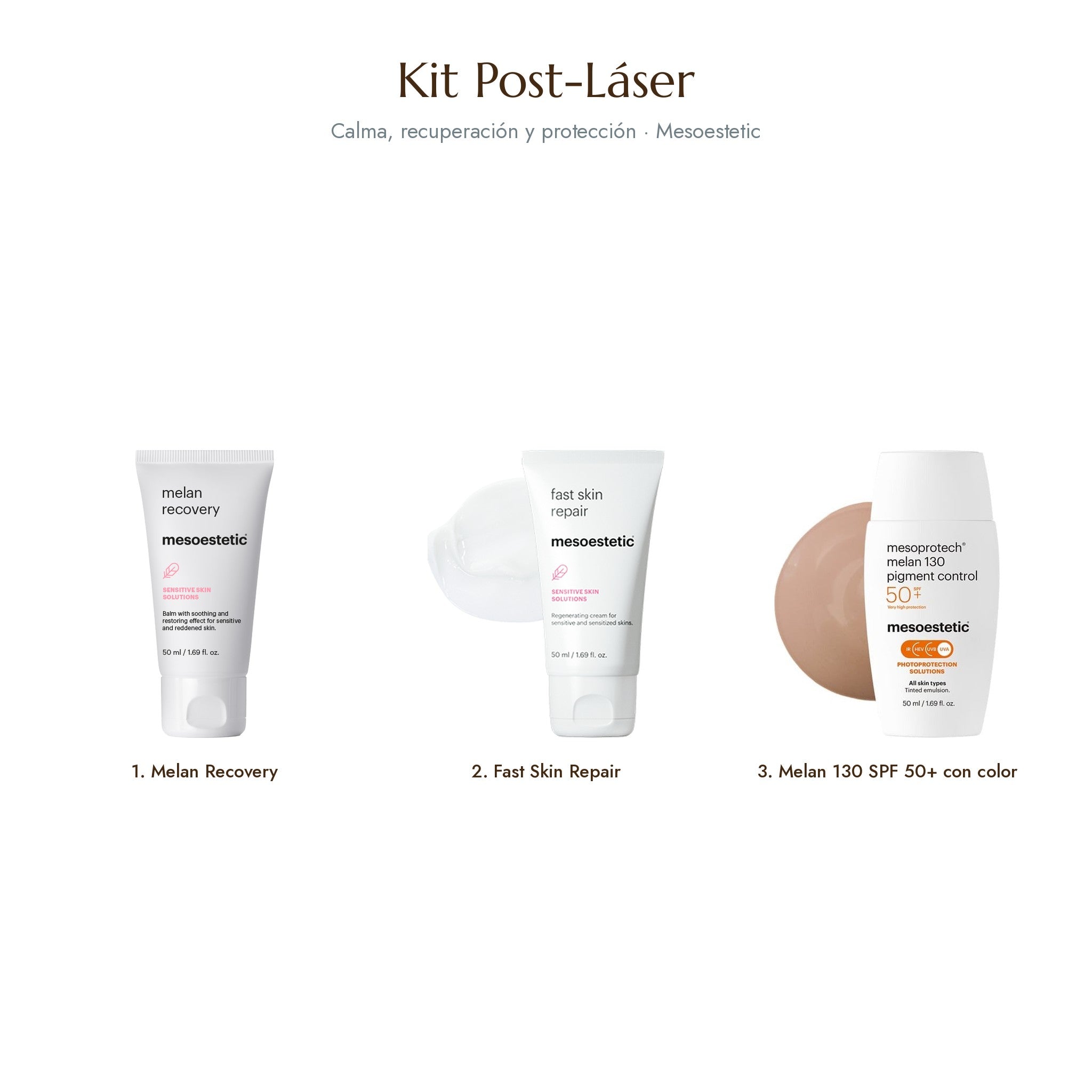 Kit Post-Láser: Melan Recovery, Fast Skin Repair y Melan 130 de Mesoestetic