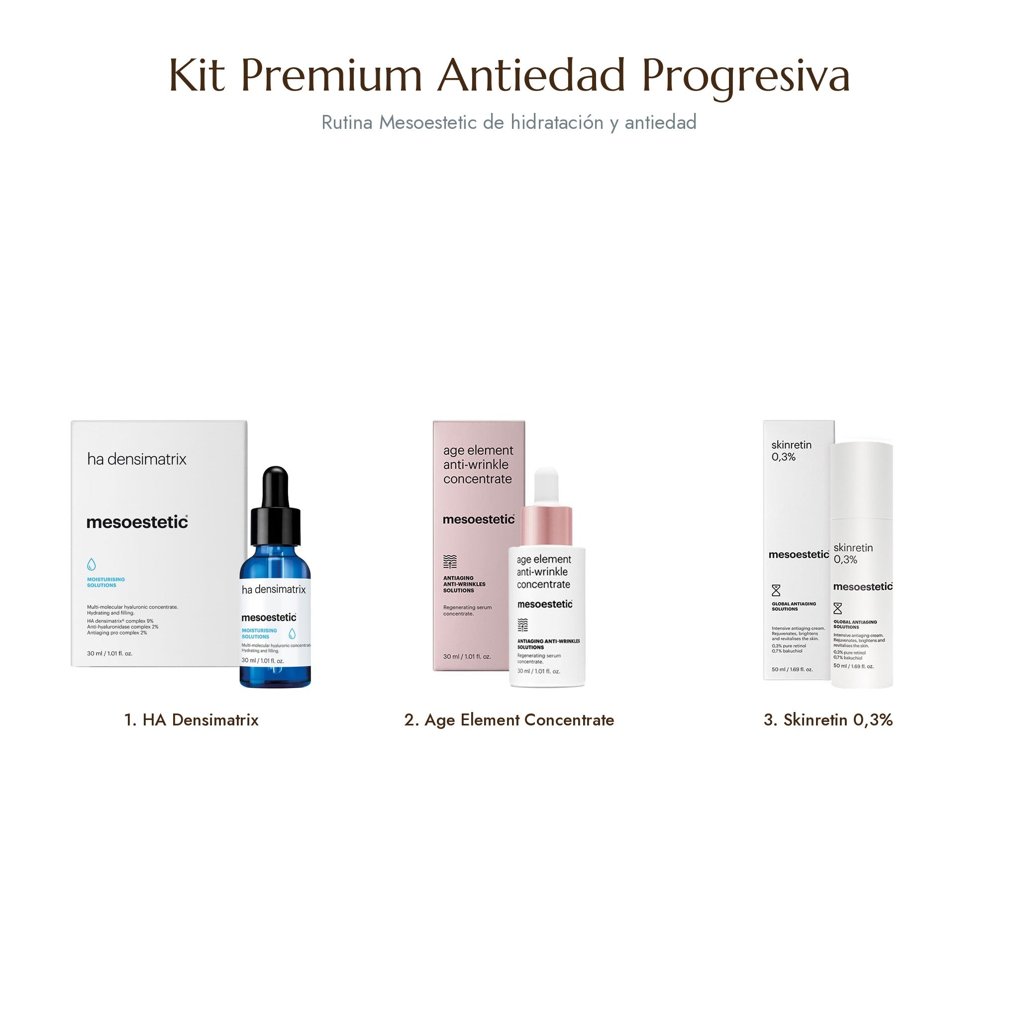 Kit Premium Antiedad Progresiva Mesoestetic: HA Densimatrix, Age Element y Skinretin
