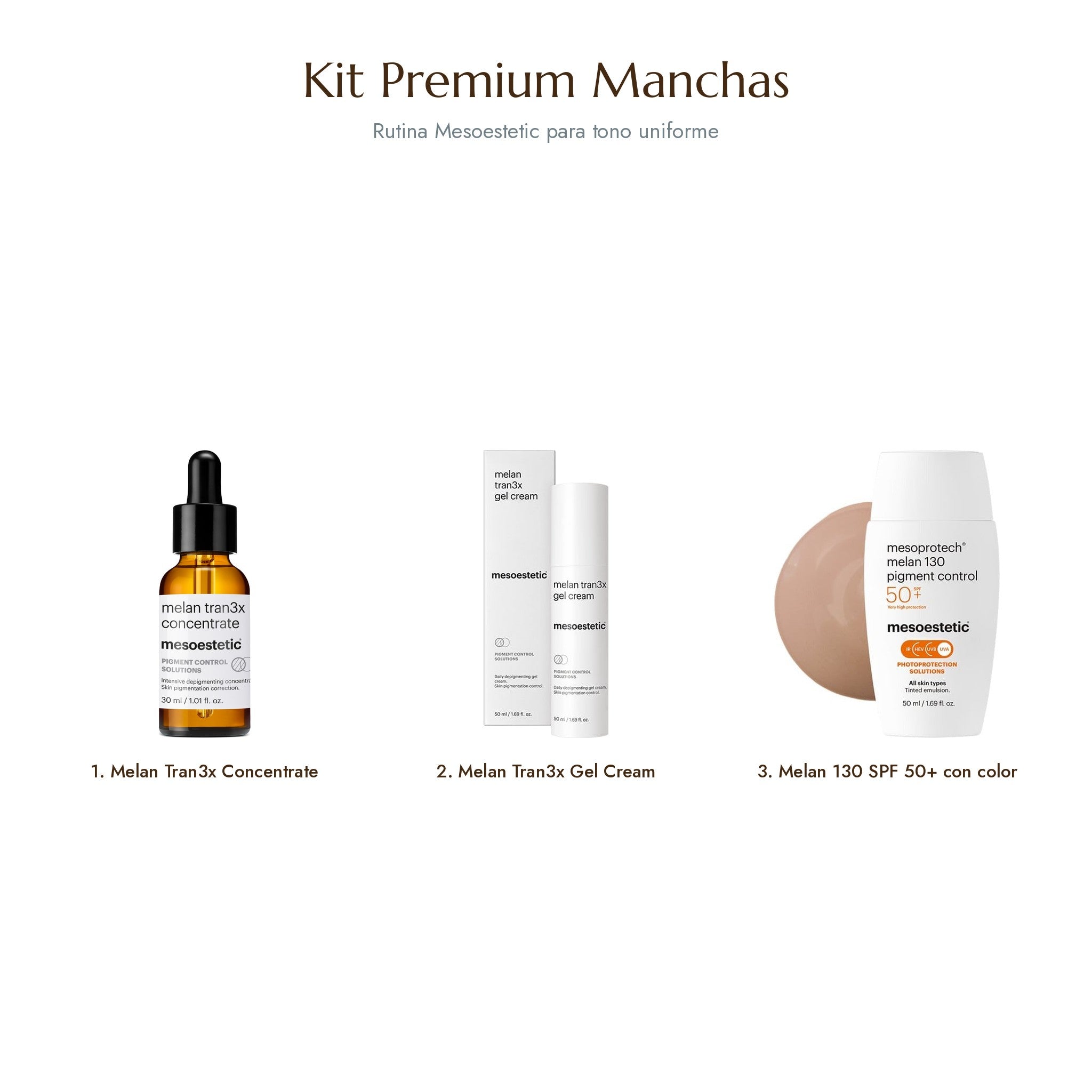Kit Premium Manchas Mesoestetic: Melan Tran3x Concentrate, Gel Cream y Melan 130