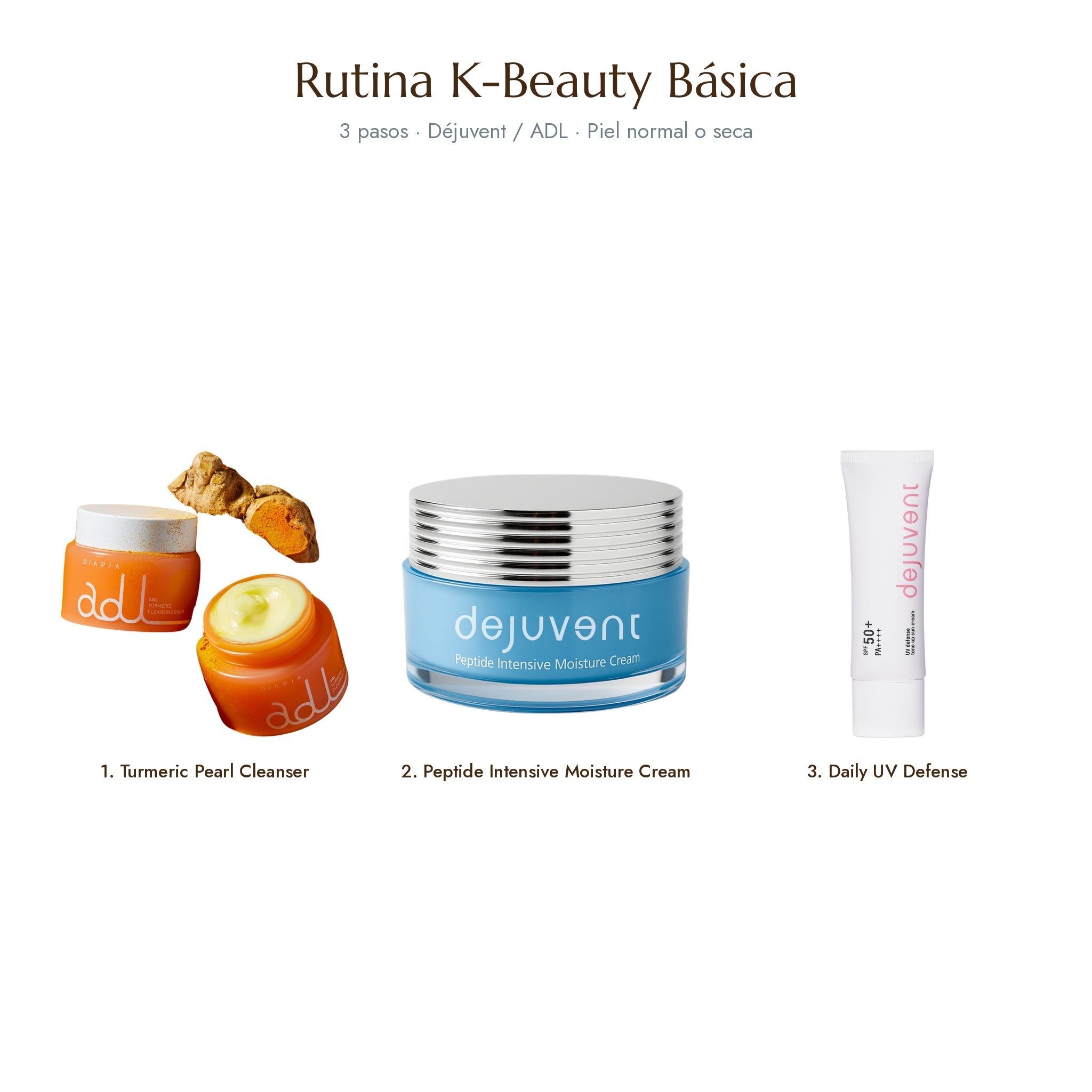 Rutina K-Beauty Básica · piel normal o seca: Turmeric Pearl Cleanser, Peptide Intensive Moisture Cream y Daily UV Defense