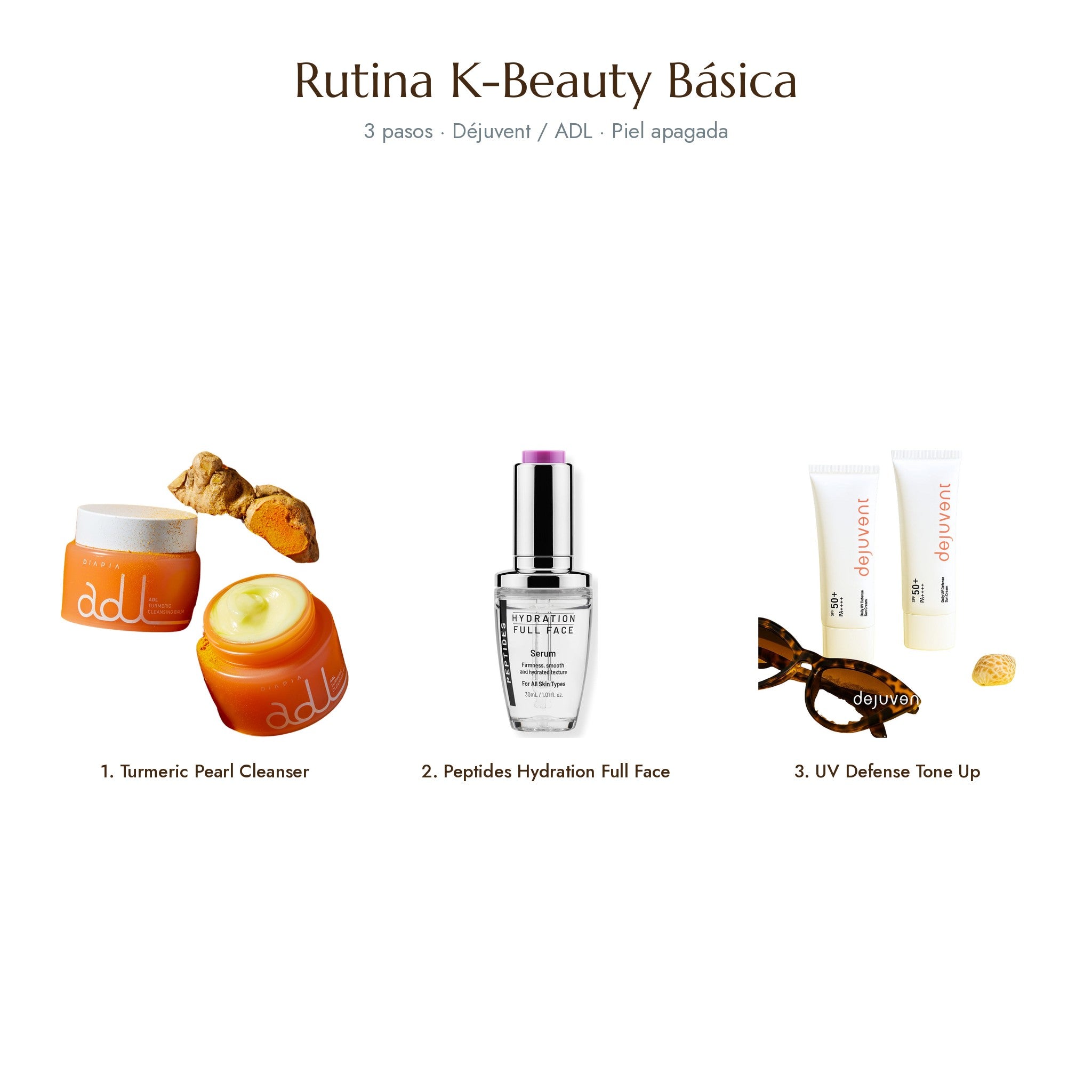 Rutina K-Beauty Básica · piel normal o seca: Turmeric Pearl Cleanser, Peptide Intensive Moisture Cream y Daily UV Defense