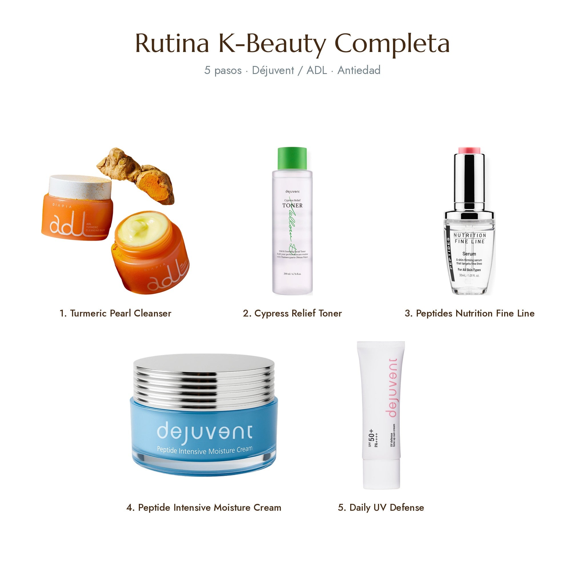 Rutina K-Beauty Completa · antiedad: Turmeric Cleanser, Cypress Toner, Peptides Nutrition Fine Line, Peptide Intensive Cream y Daily UV Defense